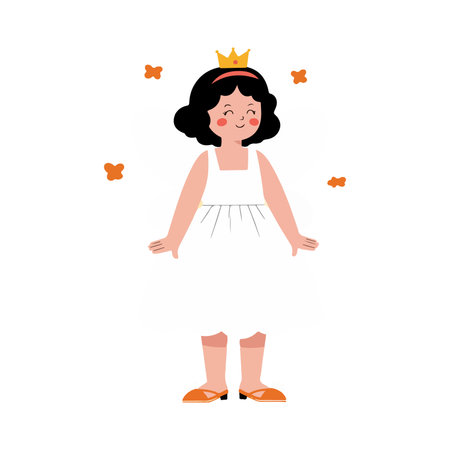 A cartoon illustration of a young princess with a crown, wearing a white dress and orange shoes, surrounded by orange floral elements.のイラスト素材