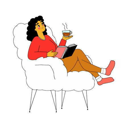 Illustration of a woman relaxing in a fluffy armchair, reading a book and enjoying a cup of coffee.のイラスト素材