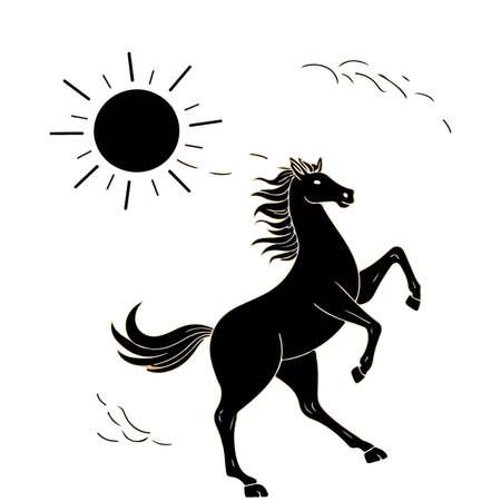 A black silhouette of a horse rearing up, with a sun and clouds in the background, creating a simple yet striking image.のイラスト素材