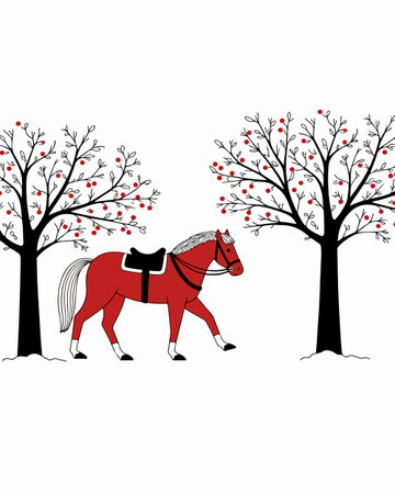 A red horse with a saddle walks between two bare trees with red berries, creating a whimsical winter scene.のイラスト素材