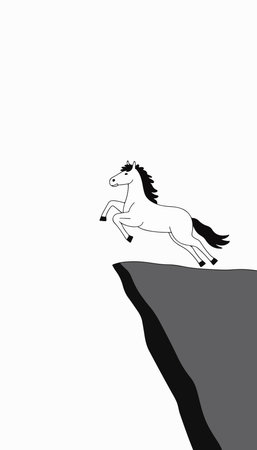 A stylized white horse with a black mane and tail leaps off a gray cliff against a white background, conveying a sense of freedom and adventure.のイラスト素材