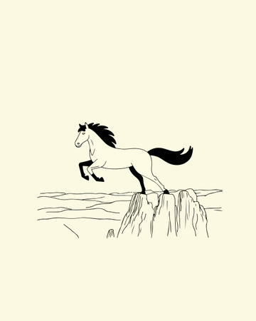A stylized illustration of a horse leaping from a cliff, rendered in a minimalist black and white design.のイラスト素材