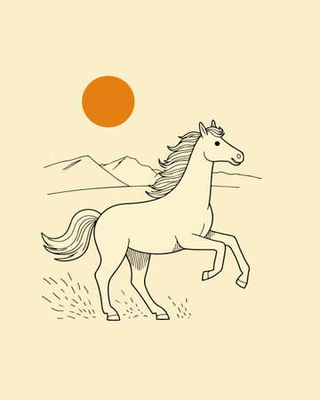 A stylized line drawing of a horse standing in a field with mountains and a sun in the background.のイラスト素材