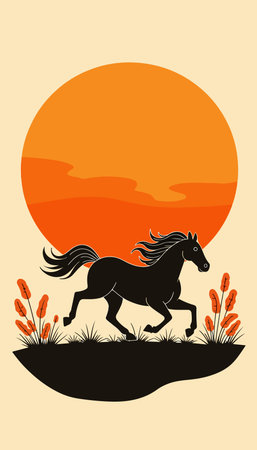 A black horse silhouette runs across a field against a large orange sunset, creating a striking and simple graphic illustration.のイラスト素材