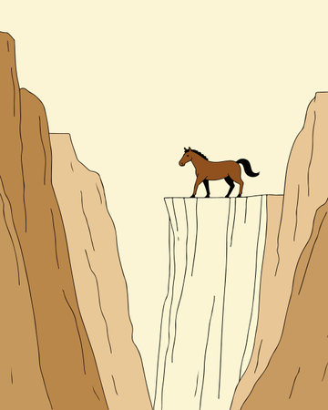 A brown horse stands on the edge of a cliff between two canyon walls, set against a light beige background.のイラスト素材