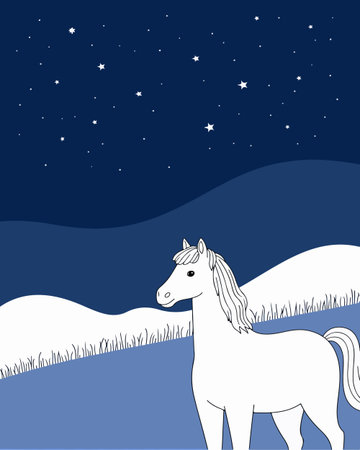 A white horse stands peacefully in a field under a dark blue sky filled with stars, creating a serene and magical scene.のイラスト素材