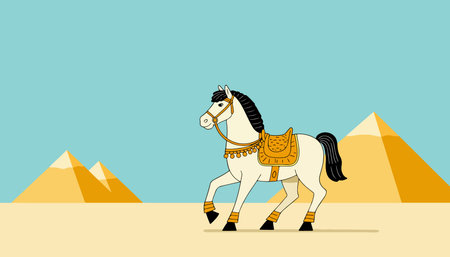 Cartoon illustration of a horse with Egyptian-style tack in front of pyramids on a sandy surface against a light blue sky.のイラスト素材