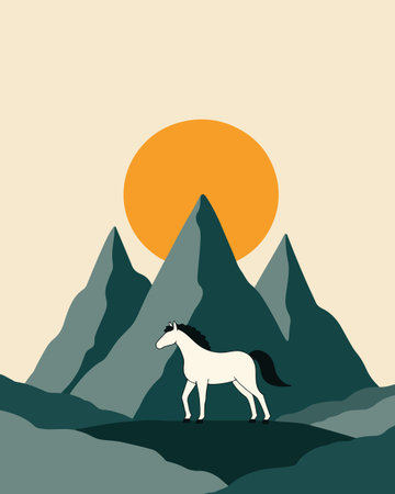 A white horse stands against a backdrop of layered mountains and a setting sun, rendered in a minimalist, stylized illustration.のイラスト素材