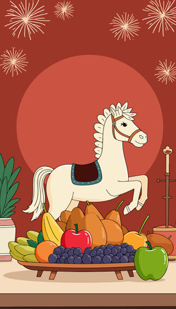 A cartoon horse leaps over a fruit platter against a red backdrop with fireworks, creating a festive and whimsical scene.のイラスト素材