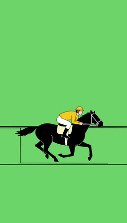 Illustration of a jockey riding a black horse during a race, set against a green background with track lines.のイラスト素材