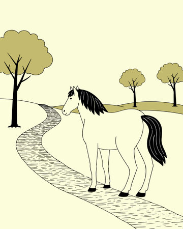 A stylized illustration of a horse standing on a path in a simple landscape with trees. The artwork has a clean, minimalist aesthetic.のイラスト素材
