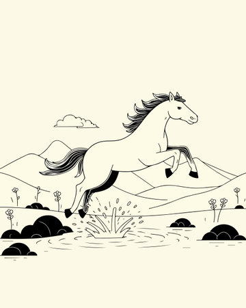A stylized illustration of a horse jumping over a body of water, set against a backdrop of mountains and simple vegetation.のイラスト素材