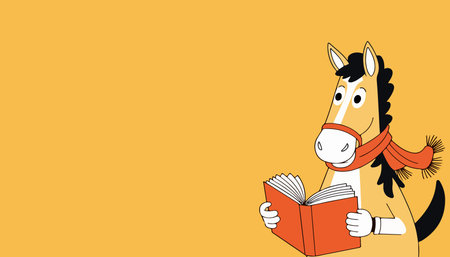 A cartoon horse with a scarf is encrossed in reading a book against a solid yellow background. Whimsical and educational illustration.のイラスト素材
