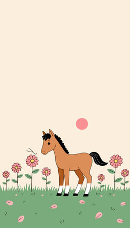 A cartoon-style brown horse stands in a field of pink flowers under a pink sun, creating a whimsical and cheerful scene.のイラスト素材