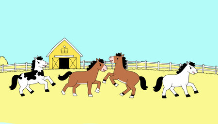 A cartoon illustration of four horses playing in a field near a yellow barn under a blue sky, enclosed by a white fence.のイラスト素材