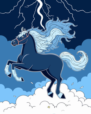 A stylized illustration of a blue horse prancing on clouds under a stormy sky with lightning.のイラスト素材