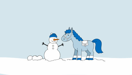 A cartoon snowman with a blue hat stands next to a blue horse in a snowy landscape, creating a whimsical winter scene.のイラスト素材