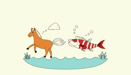 A cartoon illustration featuring a brown horse standing in water and a red and white striped fish swimming nearby.のイラスト素材