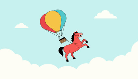A cheerful red cartoon horse soars through a blue sky with white clouds, carried by a colorful hot air balloon.のイラスト素材