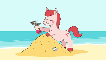 A cartoon horse stands on a sandcastle, holding an artifact, with the ocean in the background. Bright, cheerful, and whimsical.のイラスト素材