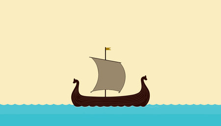Illustration of a Viking ship sailing on blue water against a beige background, showingcasing a simple yet evocative design.のイラスト素材