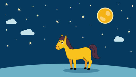 A cartoon-style yellow horse stands on a blue surface under a dark blue sky filled with stars, clouds, and a moon.のイラスト素材
