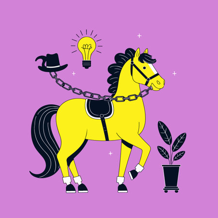 A yellow horse with a chain, hat, light bulb, and plant on a purple background in a stylized, cartoonish design.のイラスト素材