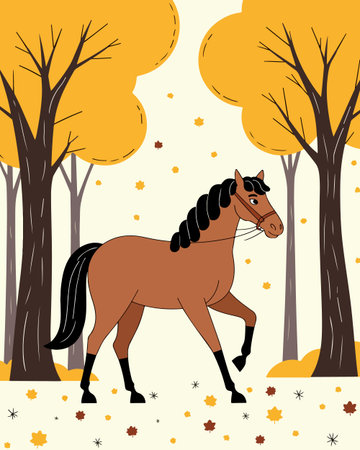 A brown horse with a black mane and tail walks through an autumn forest with falling leaves and golden trees.のイラスト素材