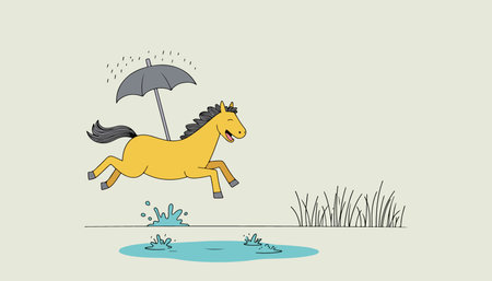 A cheerful cartoon horse jumps playfully in puddles under the rain, protected by an umbrella, in a whimsical, lighthearted scene.のイラスト素材