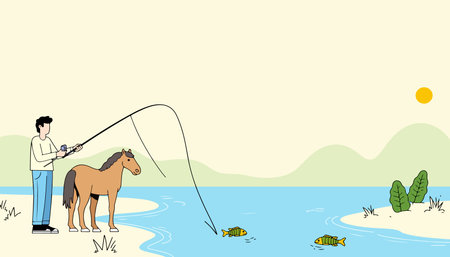A man is fishing in a river with a horse standing beside him, under a bright sun, with fish swimming in the water.のイラスト素材