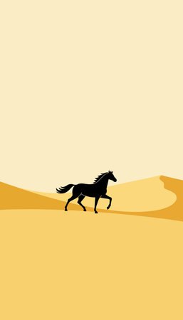 A black horse silhouette trots across a minimalist desert landscape with sand dunes against a light background.のイラスト素材
