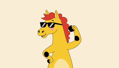 A cartoon horse with a yellow body and red mane is wearing sunglasses and striking a pose against a cream background.のイラスト素材