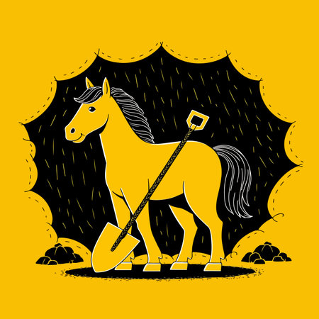A stylized yellow horse stands with a shovel against a black background with yellow accents, creating a unique and eye-catching design.のイラスト素材