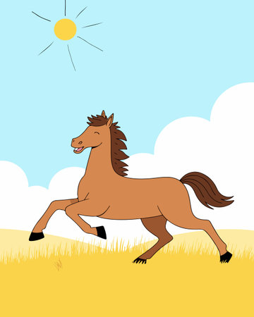 A cheerful cartoon horse gallops across a golden field under a bright sun and blue sky with fluffy white clouds.のイラスト素材