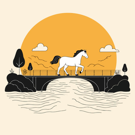 A white horse walks across a bridge over a river at sunset, with trees and clouds in the background. Minimalist illustration.のイラスト素材