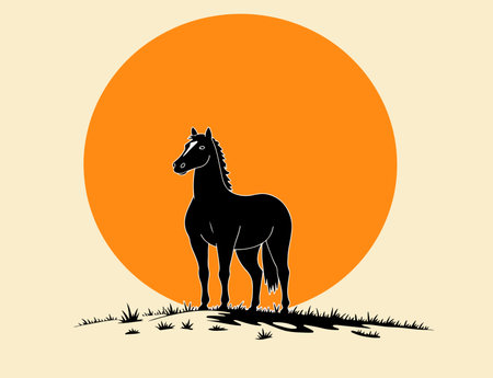 A black silhouette of a horse stands against a large orange sun, with grass at its feet, creating a striking contrast.のイラスト素材