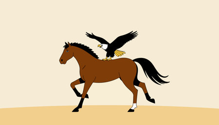 A cartoon illustration of a bald eagle perched on the back of a running brown horse against a light beige background.のイラスト素材