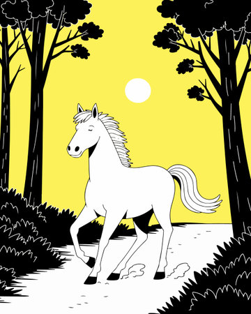 A white horse trots through a stylized forest with black trees and a yellow sky, creating a simple yet striking illustration.のイラスト素材