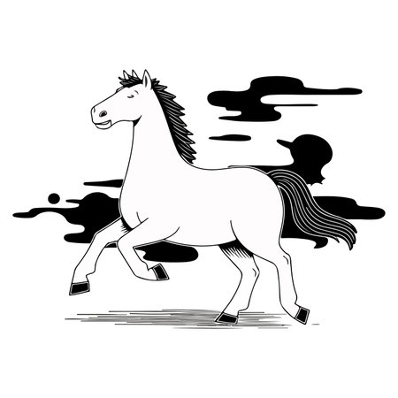A black and white illustration of a horse running with stylized clouds in the background. Simple, elegant design.のイラスト素材