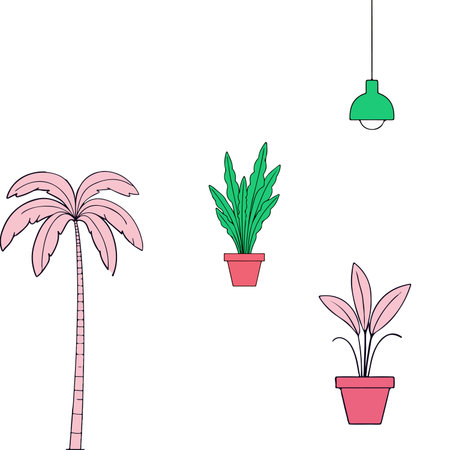 A minimalist illustration featuring a pink palm tree, two potted plants, and a green hanging lamp on a white background.のイラスト素材