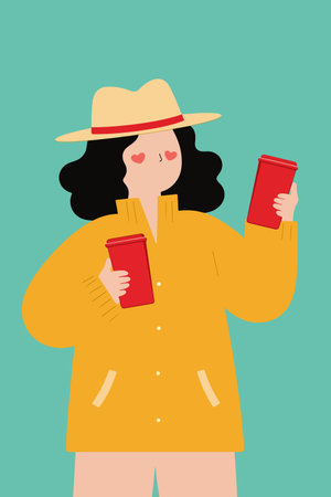 A stylized woman in a yellow coat and hat holds two red containers against a teal background, with heart details on her face.のイラスト素材