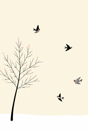 A minimalist illustration of a tree with budding leaves and swallows in flight against a light background, evoking a sense of spring.のイラスト素材