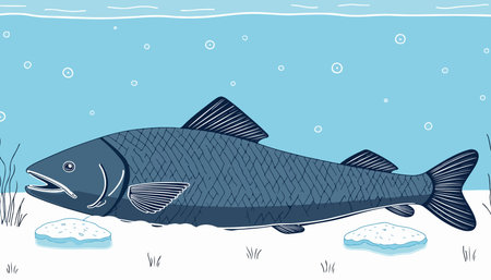 A stylized illustration of a large, dark blue fish swimming in light blue water with bubbles and ice formations on the bottom.のイラスト素材