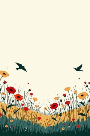 A serene illustration of a meadow filled with red and yellow flowers, tall grass, and two birds in flight against a light background.のイラスト素材