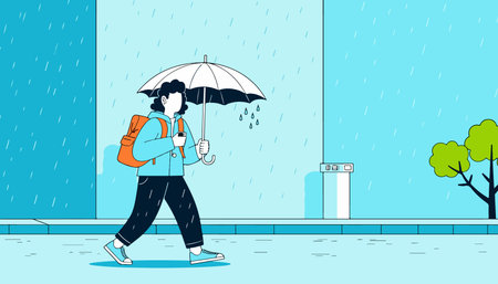 A person with a backpack walks in the rain, holding an umbrella. The scene is illustrated with a minimalist style and cool color palette.のイラスト素材