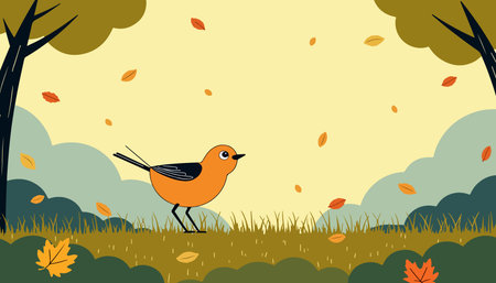 A cartoon illustration of an orange bird standing in an autumn landscape with falling leaves and stylized trees and hills.のイラスト素材