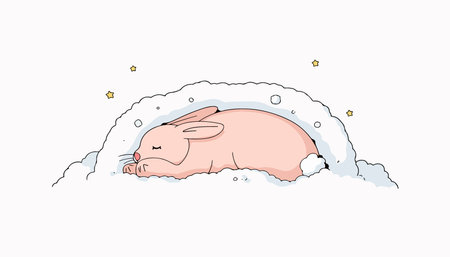 A cute pink bunny peacefully sleeps nestled in fluffy white clouds, surrounded by twinkling stars. Dreamy and serene illustration.のイラスト素材