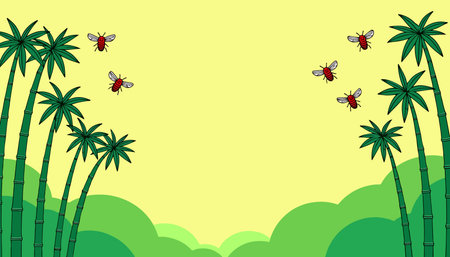 A vibrant illustration of a bamboo forest with stylized bees flying around, set against a light yellow background.のイラスト素材