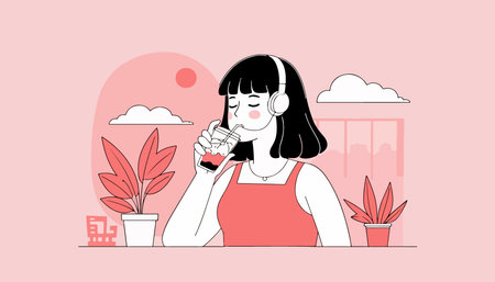 Illustration of a woman with headphones drinking juice in a pink-toned room with plants and a view.のイラスト素材