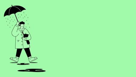 A person in a coat and mask walks in the rain with an umbrella, depicted in a minimalist, line-art style against a light green background.のイラスト素材